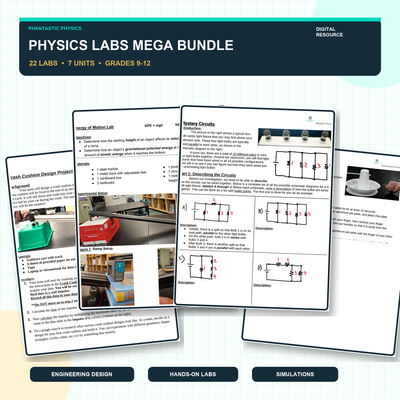 Physics Labs Mega Bundle preview with real pages from Crash Cushion, Energy of Motion, Mystery Circuits, and Electrophorus labs