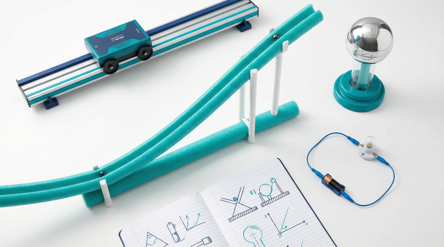Hands-on physics lab activities - Vernier cart, marble roller coaster, Van de Graaff generator, and circuit on a lab table