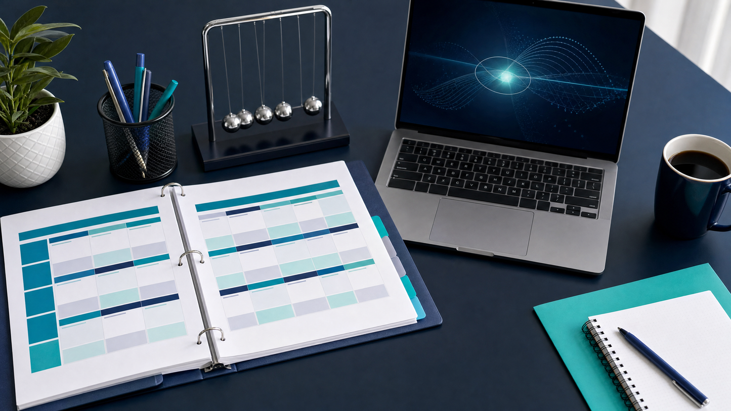 High school physics curriculum planning desk with binder, Newton's cradle, and laptop