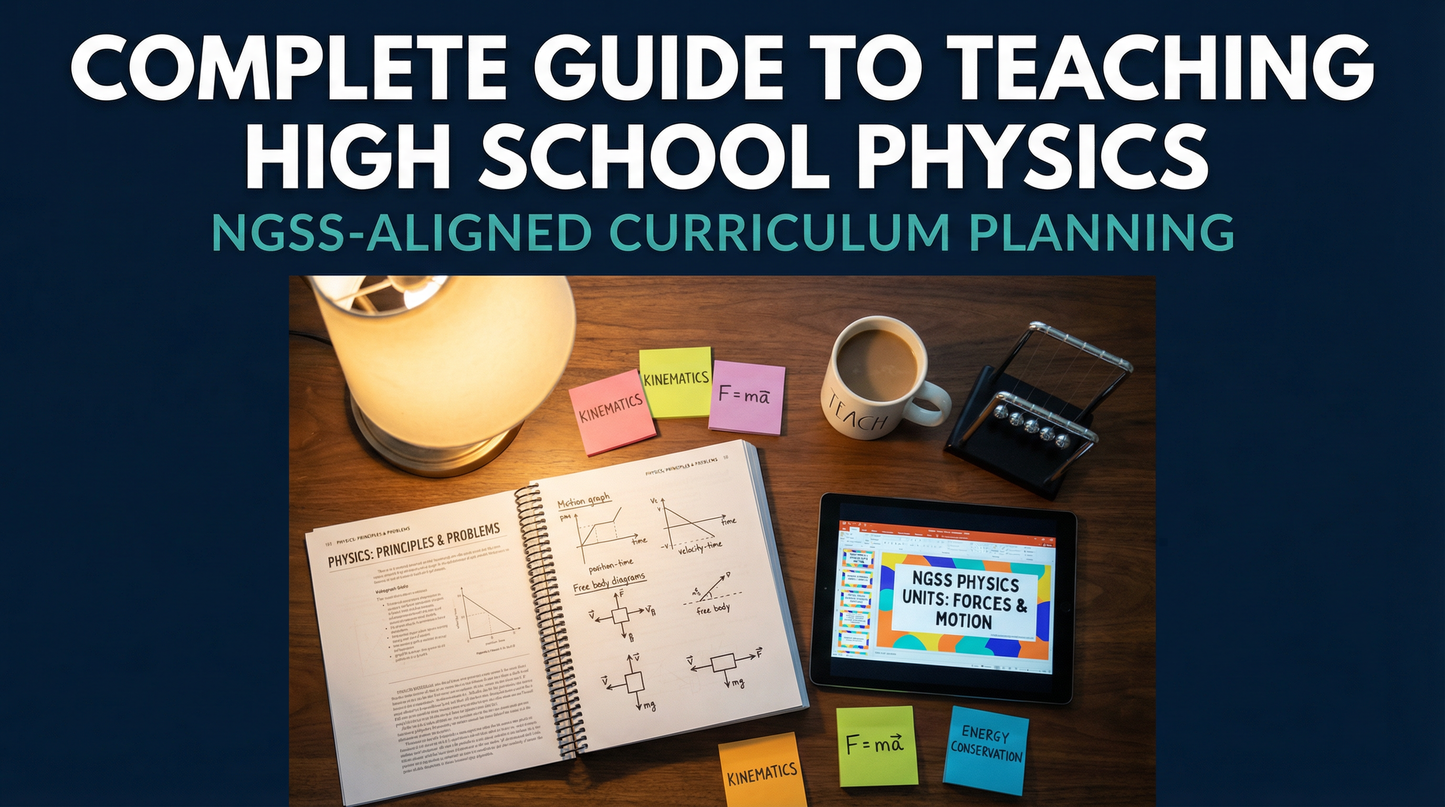 Complete guide to teaching high school physics - desk with physics textbook, tablet, and study materials