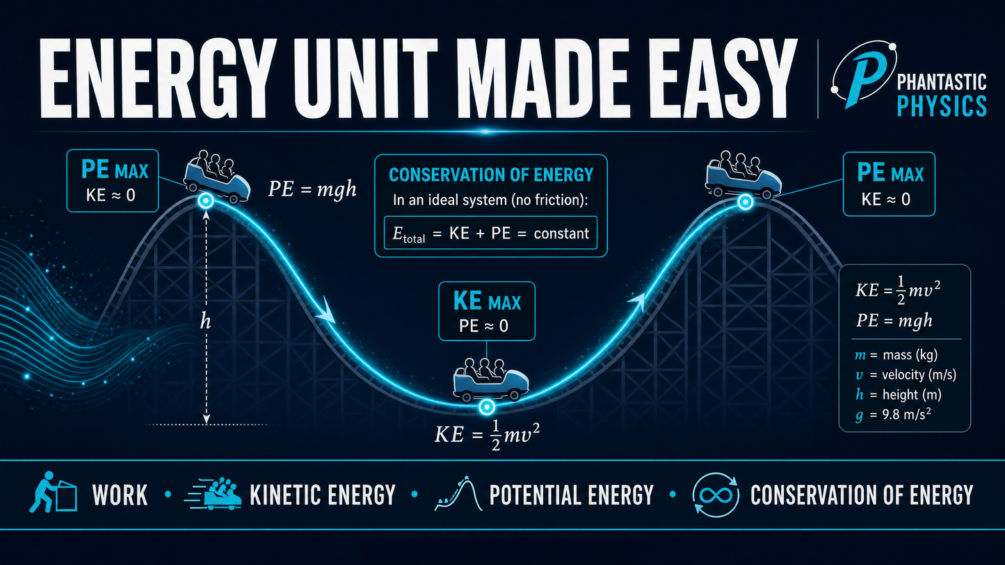 Energy Unit Made Easy: roller coaster diagram showing kinetic and potential energy transformation with equations KE=½mv² and PE=mgh