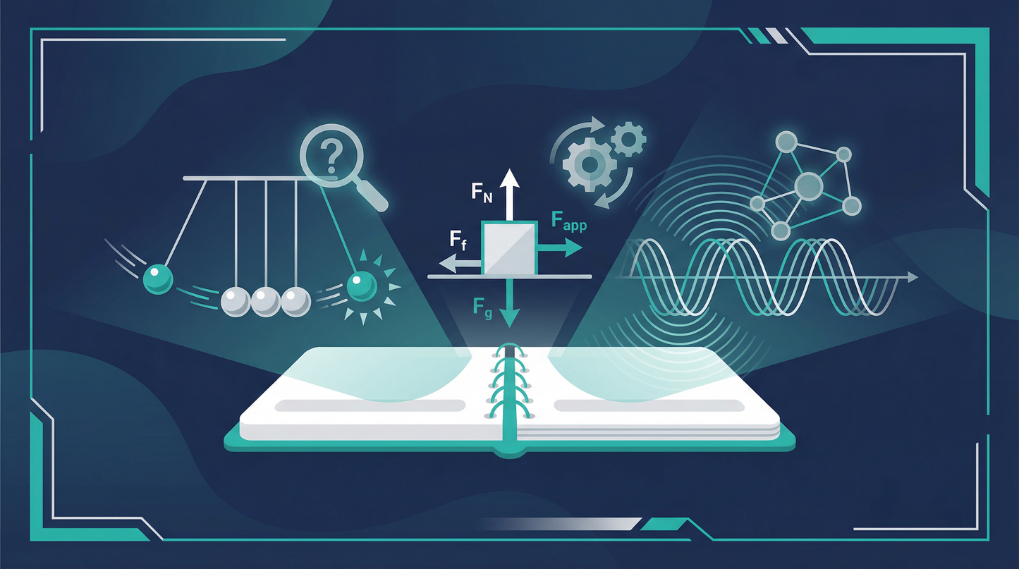 NGSS-aligned physics education illustration showing a free body diagram, Newton's cradle, wave patterns, and science investigation icons on a navy blue background