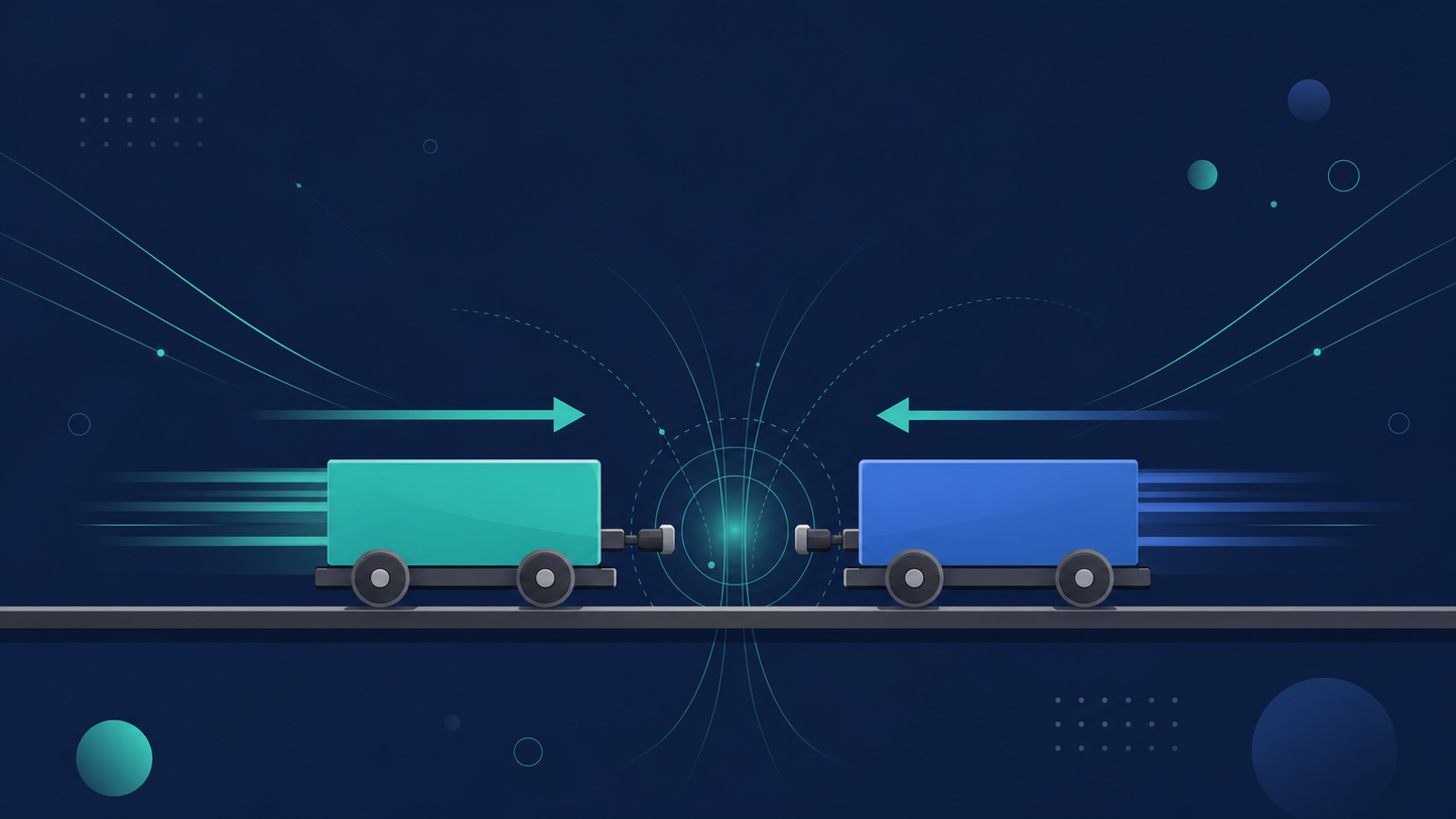 Two physics carts on a track approaching a collision, illustrating momentum and collision concepts for high school physics