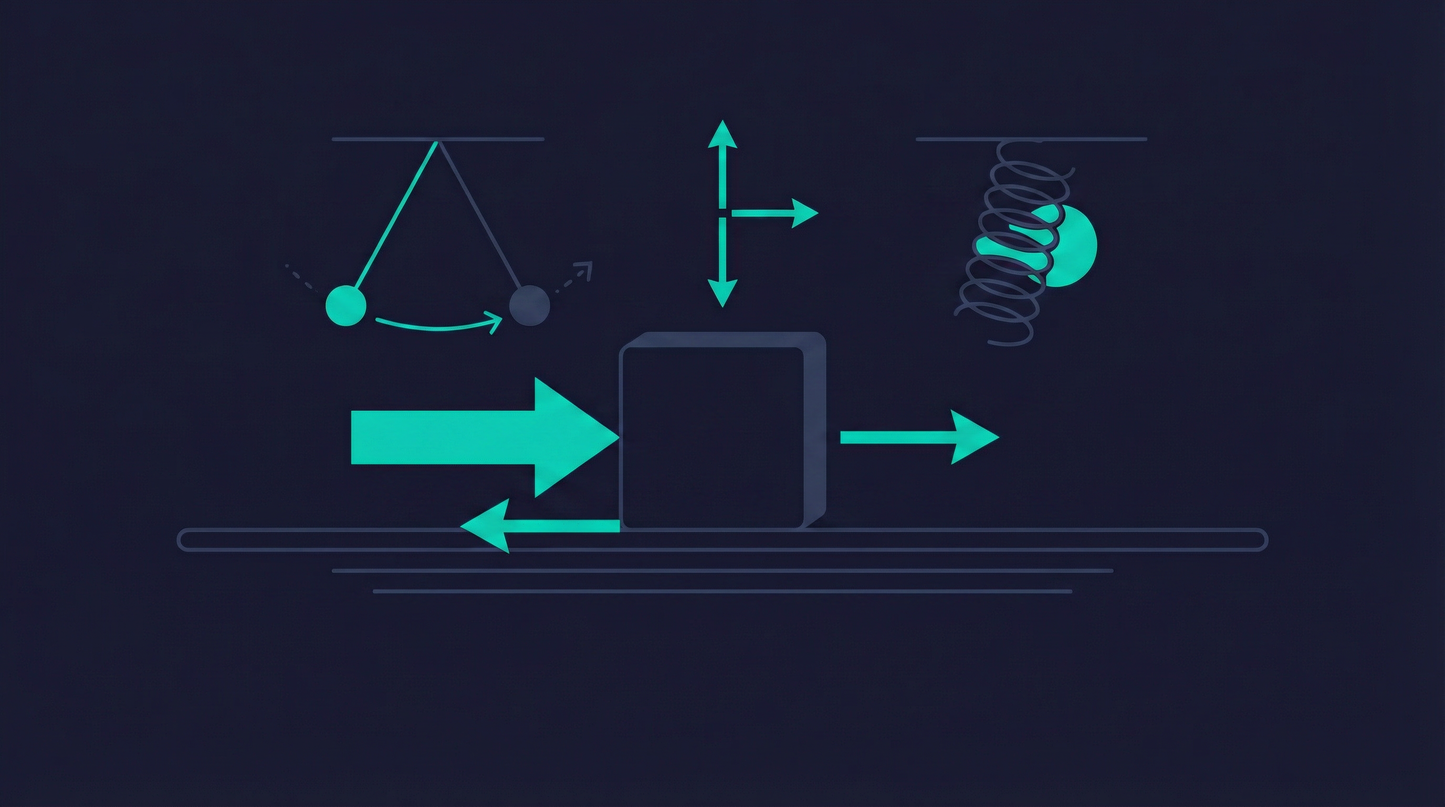 Newton's Laws of Motion illustration showing force arrows, free body diagrams, and physics concepts on a navy blue background with teal accents