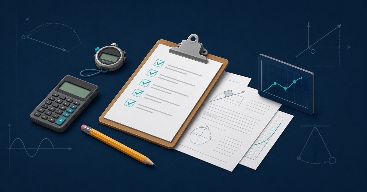 Physics assessments with checklist, calculator, stopwatch, and graph on a navy background