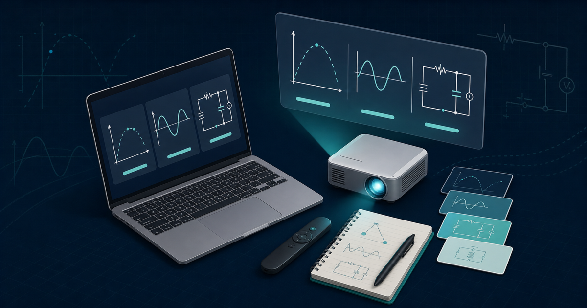 Laptop and projector displaying physics graphs, waves, and circuit diagrams