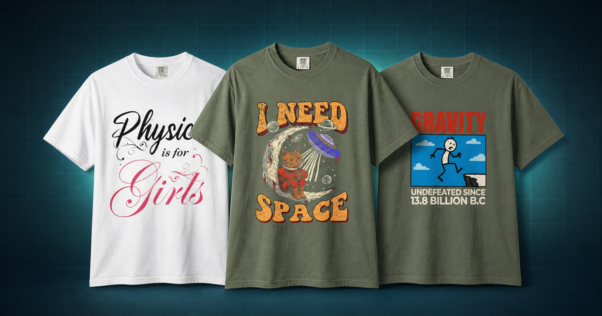 Three physics T-shirts featuring STEM, astronomy, and gravity designs