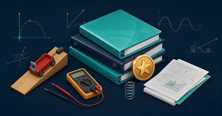 Physics resource binders with motion cart, multimeter, spring, and teacher-favorite star