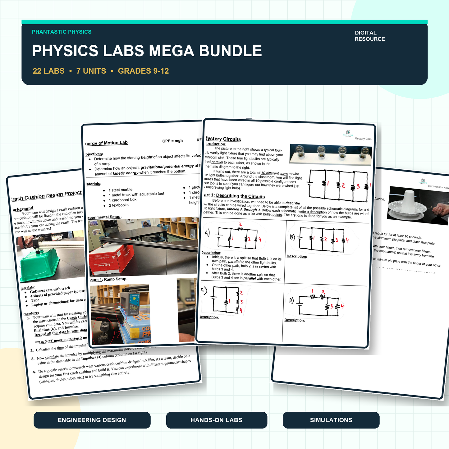 Physics Labs Mega Bundle preview with real pages from Crash Cushion, Energy of Motion, Mystery Circuits, and Electrophorus labs