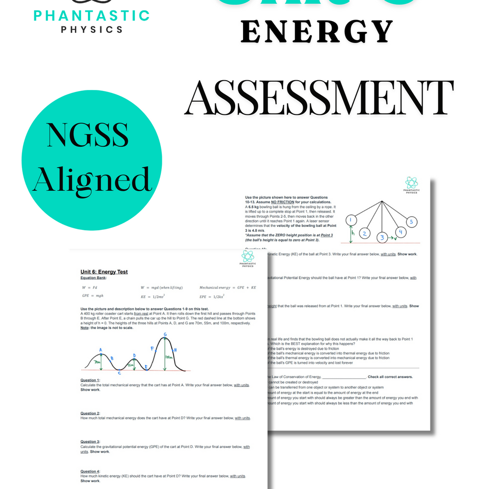 High School Physics: Energy Unit Test - Grades 9-12, NGSS Aligned