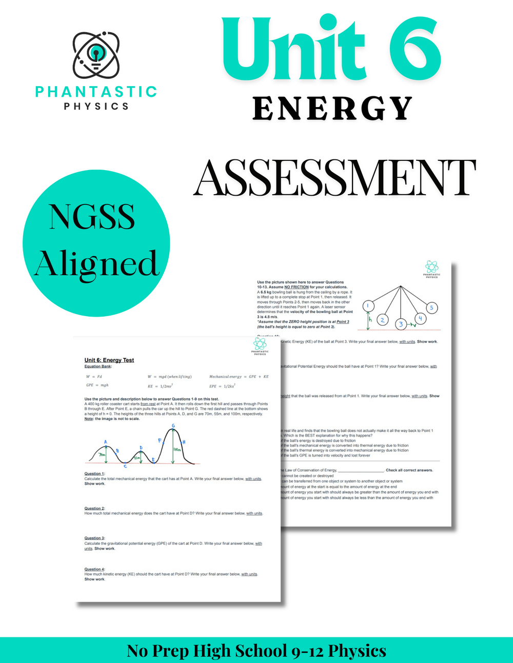 High School Physics: Energy Unit Test - Grades 9-12, NGSS Aligned