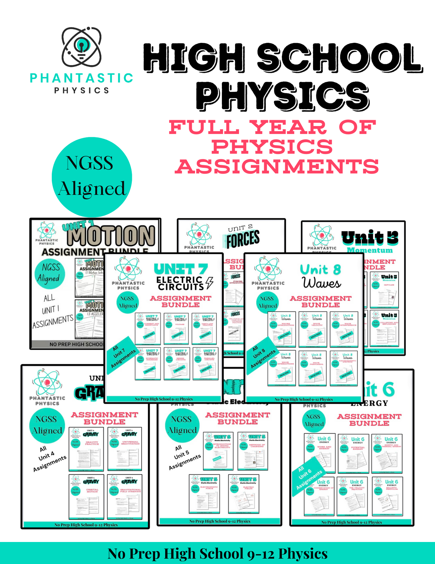 Complete High School Physics Assignments Bundle (NGSS Aligned, Grades 9-12)