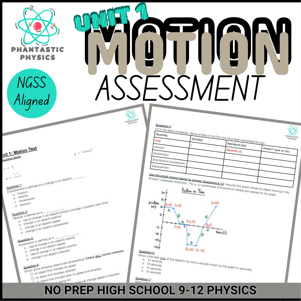 High School Physics: Motion Unit Assessment (Grades 9-12, NGSS Aligned)