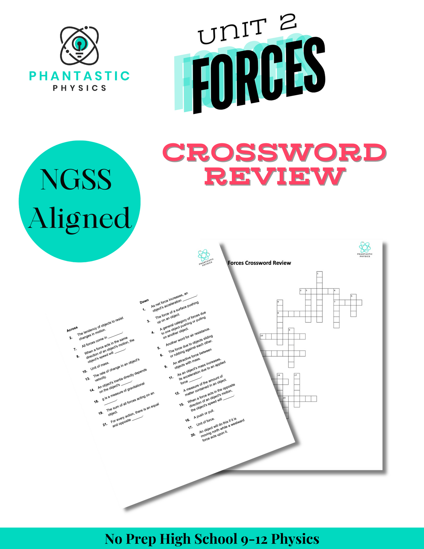 High School Physics Forces: Crossword Puzzle Review (Grades 9-12, NGSS Aligned)