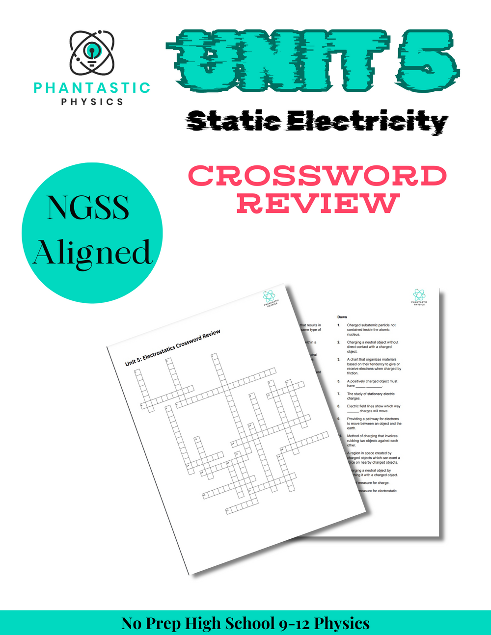 High School Physics: Electrostatics Crossword Puzzle Review - Grades 9-12, NGSS