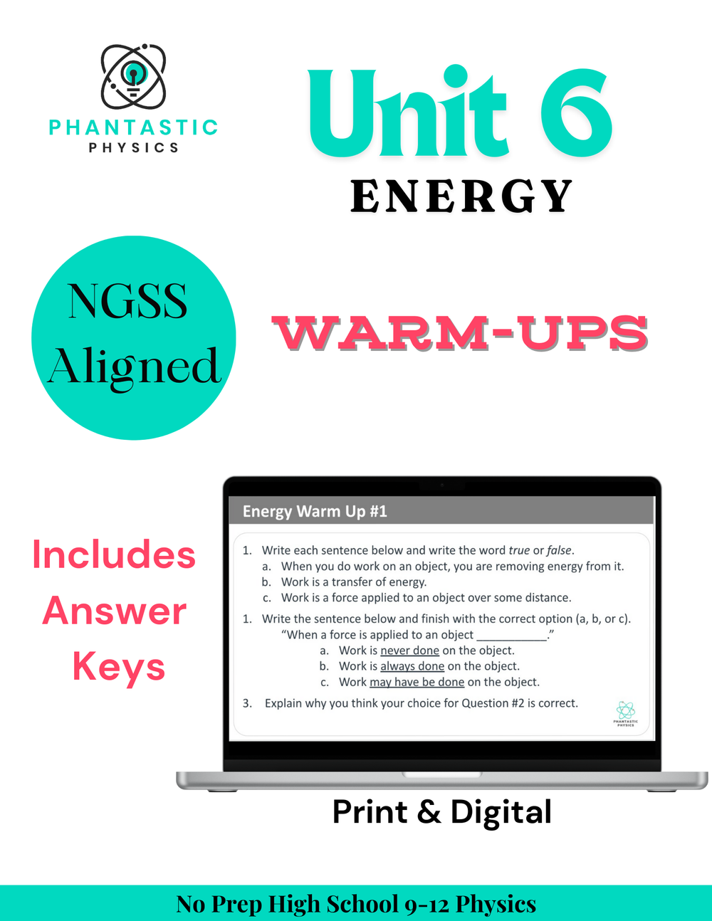 High School Physics: Energy Warm-Ups - Grades 9-12, NGSS Aligned