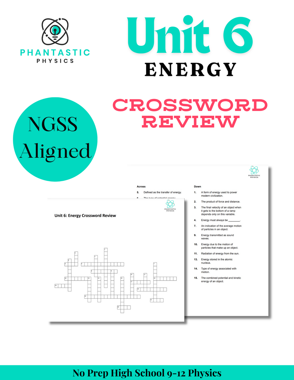 High School Physics: Energy Crossword Puzzle Review - Grades 9-12, NGSS Aligned