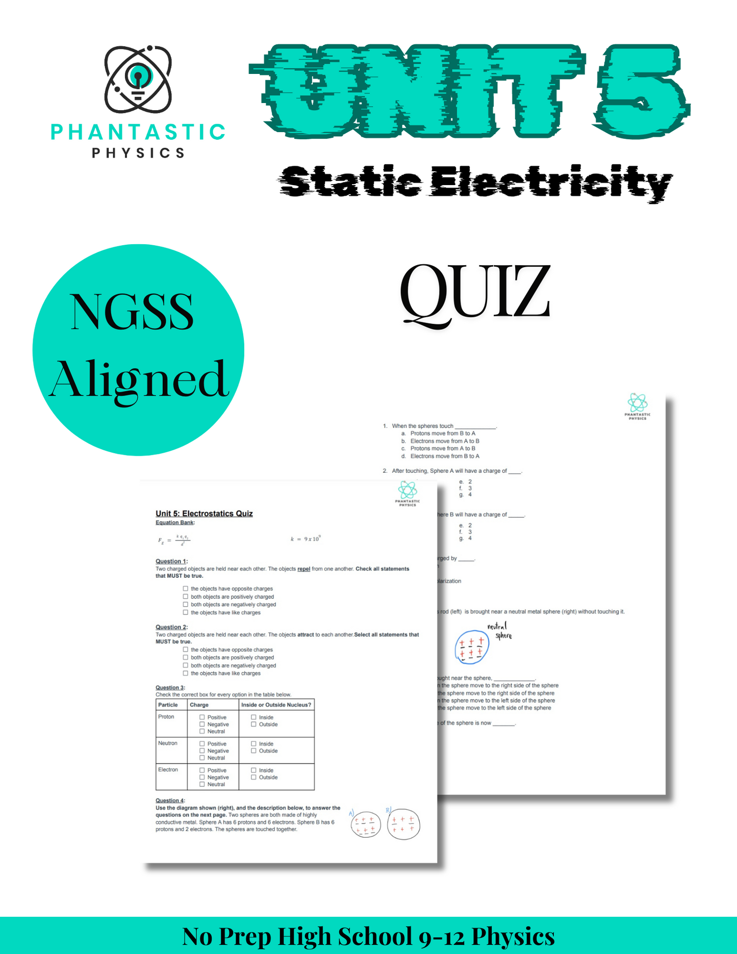 High School Physics: Electrostatics Quiz - Grades 9-12, NGSS Aligned