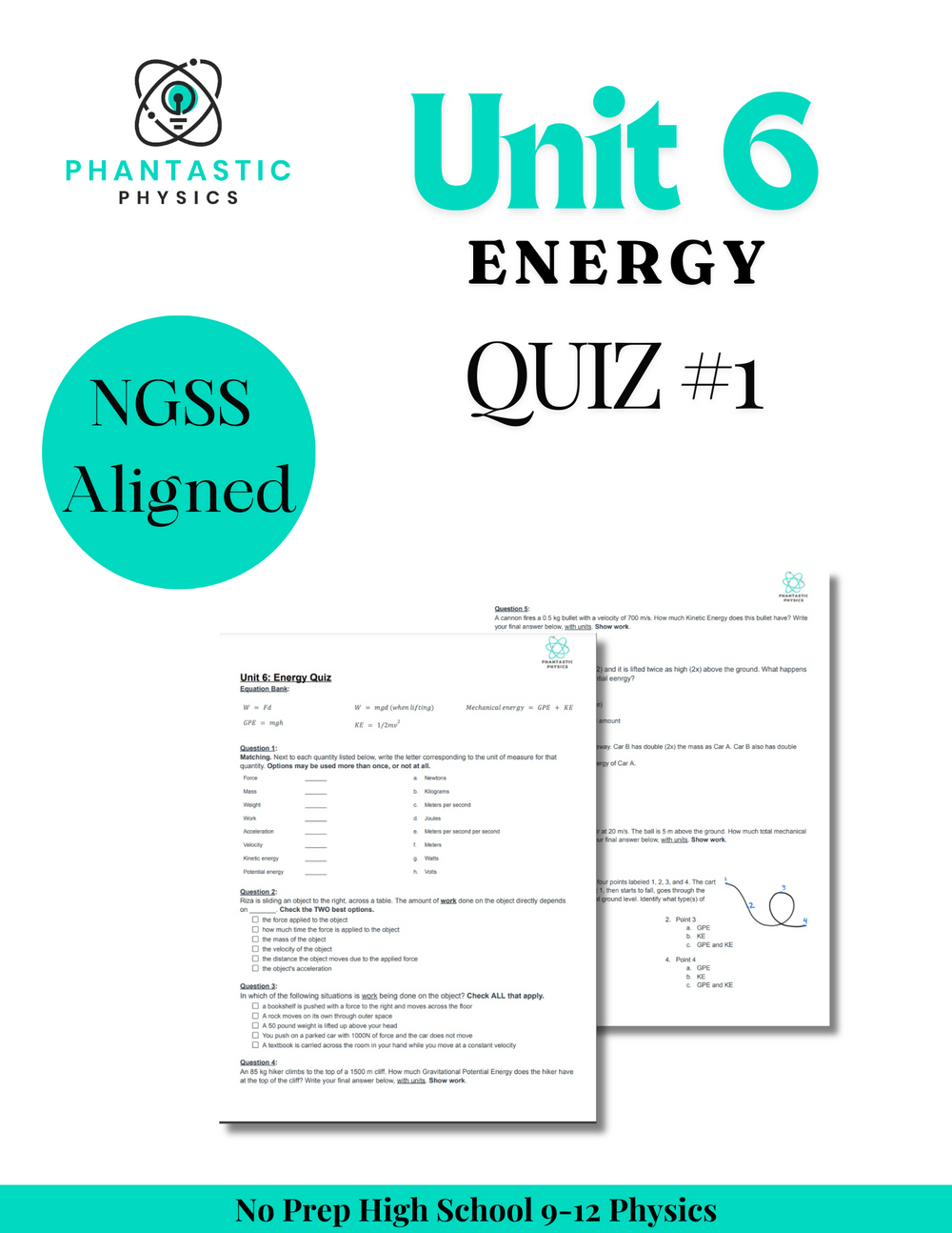 High School Physics: Energy Quiz #1 - Grades 9-12, NGSS Aligned