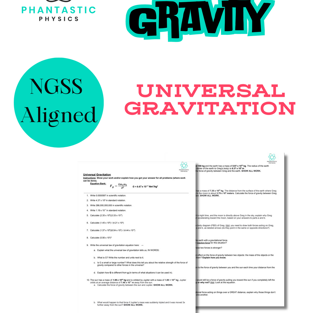 High School Physics: Universal Gravitation Assignment-Grades 9-12, NGSS Aligned