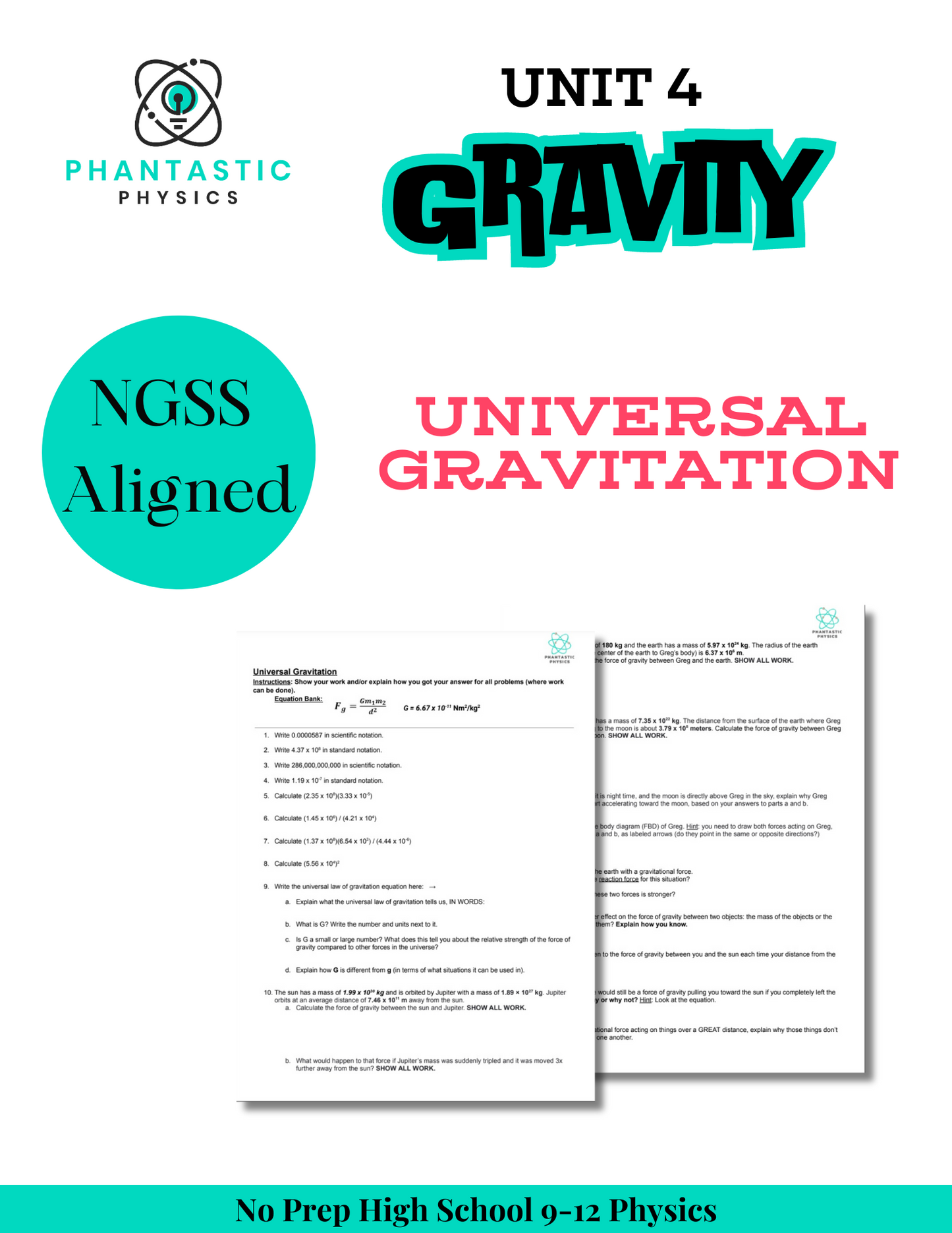 High School Physics: Universal Gravitation Assignment-Grades 9-12, NGSS Aligned