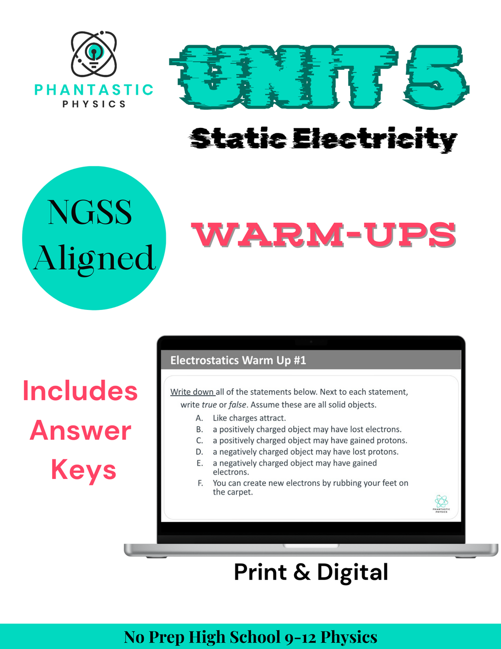 High School Physics: 7 Electrostatics Warm-Ups - Grades 9-12, NGSS Aligned