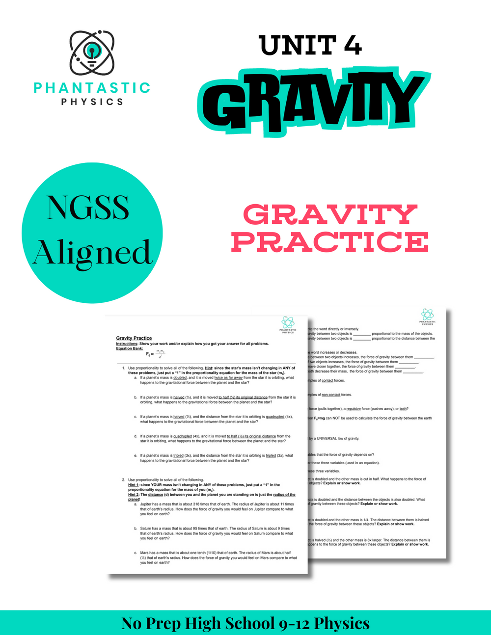 High School Physics: Gravity Practice Assignment - Grades 9-12, NGSS Aligned