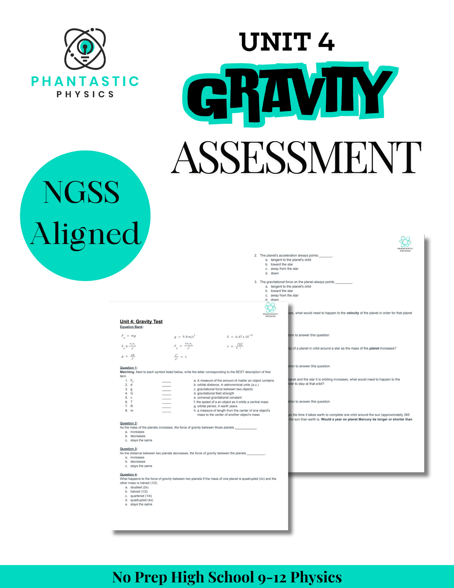 High School Physics: Gravity Unit Test - Grades 9-12, NGSS Aligned