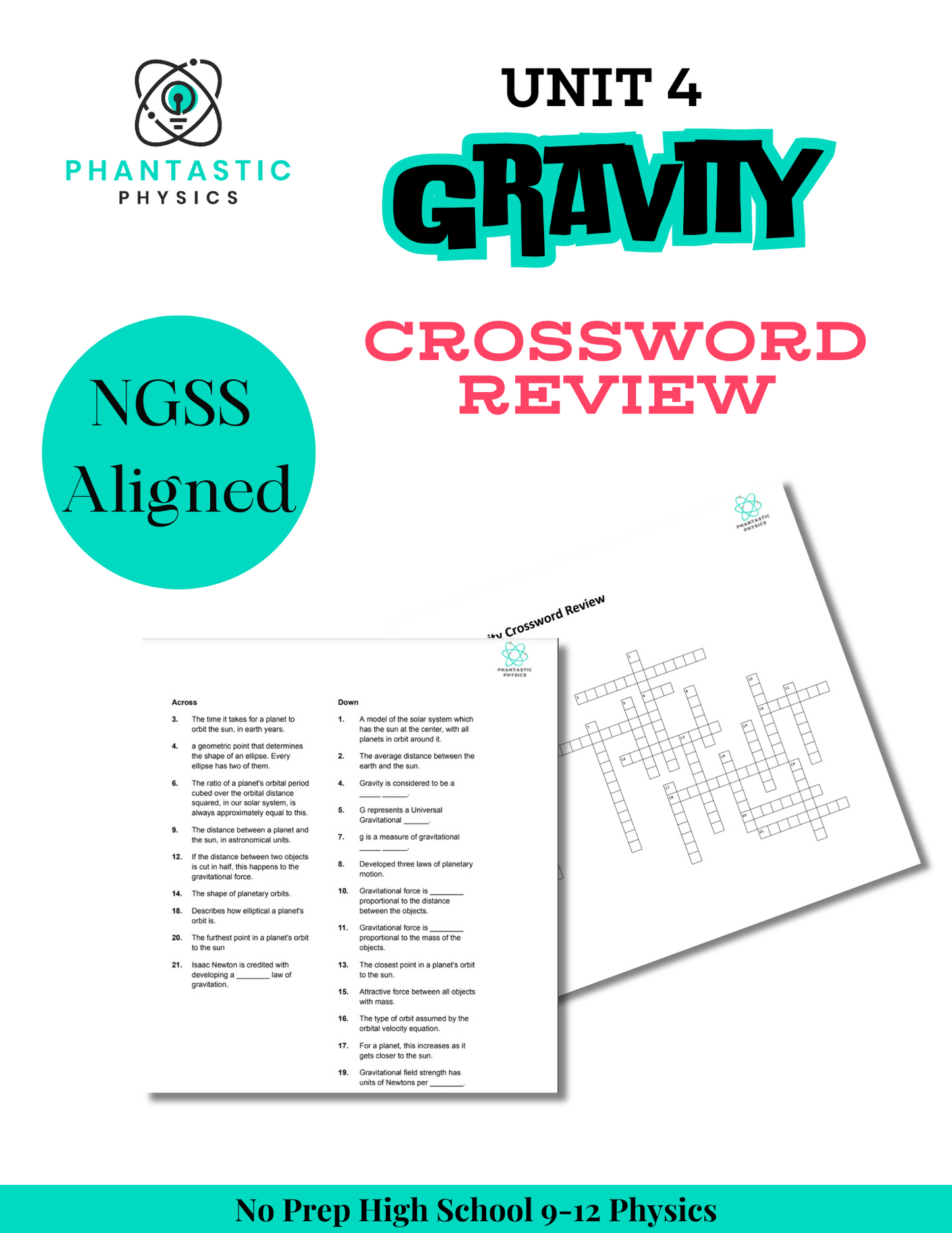 High School Physics: Gravity Crossword Puzzle Review - Grades 9-12, NGSS Aligned