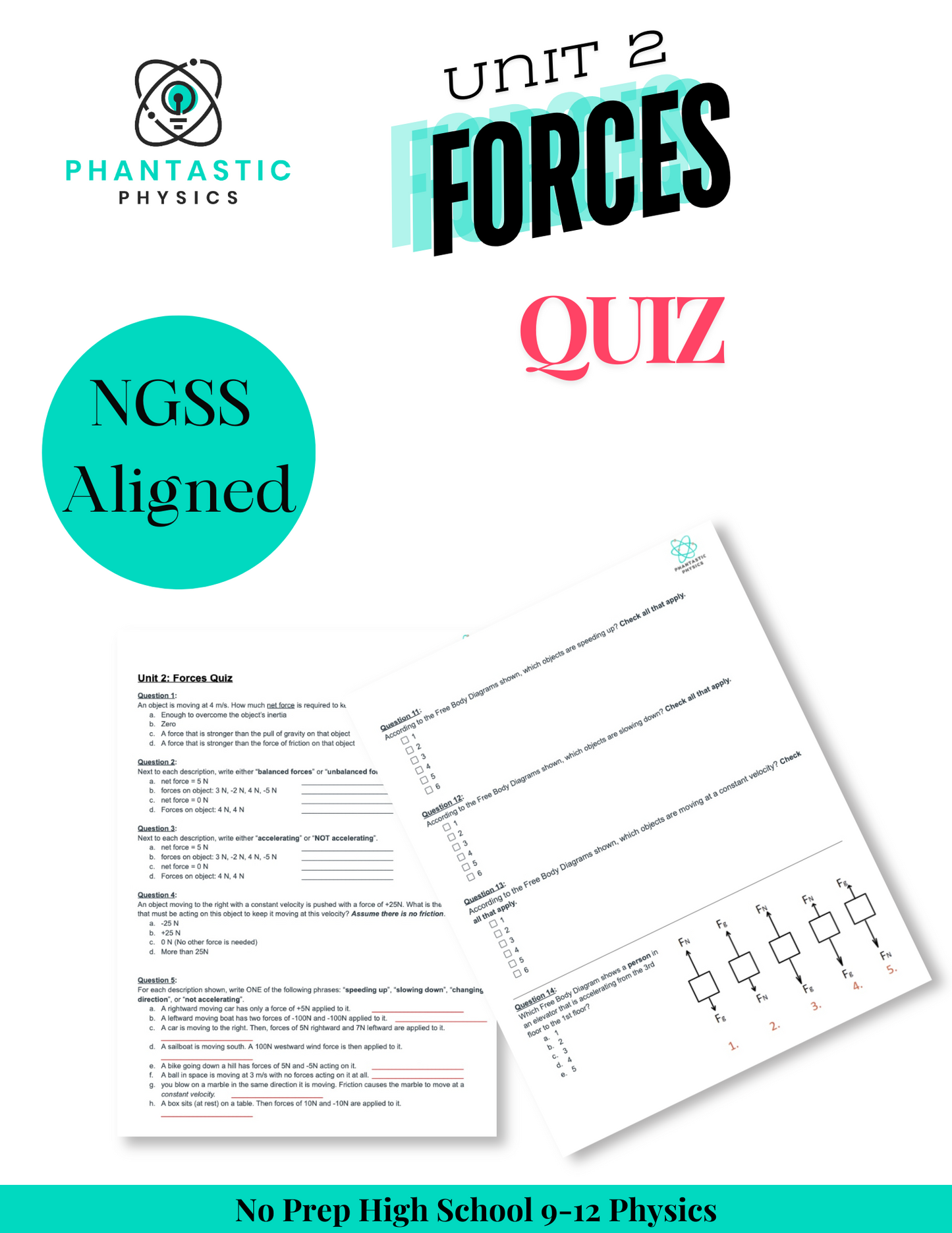 High School Physics: Forces Unit Quiz (Grades 9-12, NGSS Aligned)