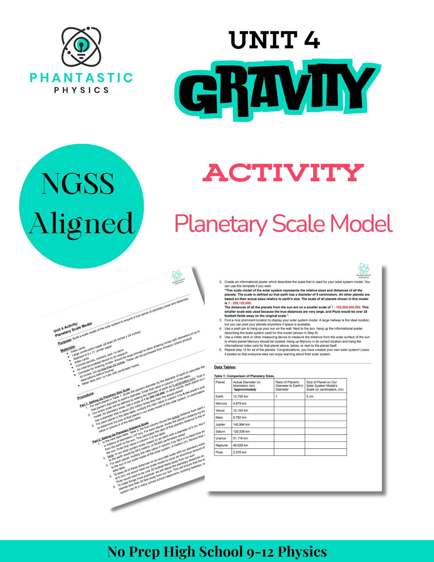 High School Physics: Planetary Scale Model Activity for Gravity Unit-Grades 9-12