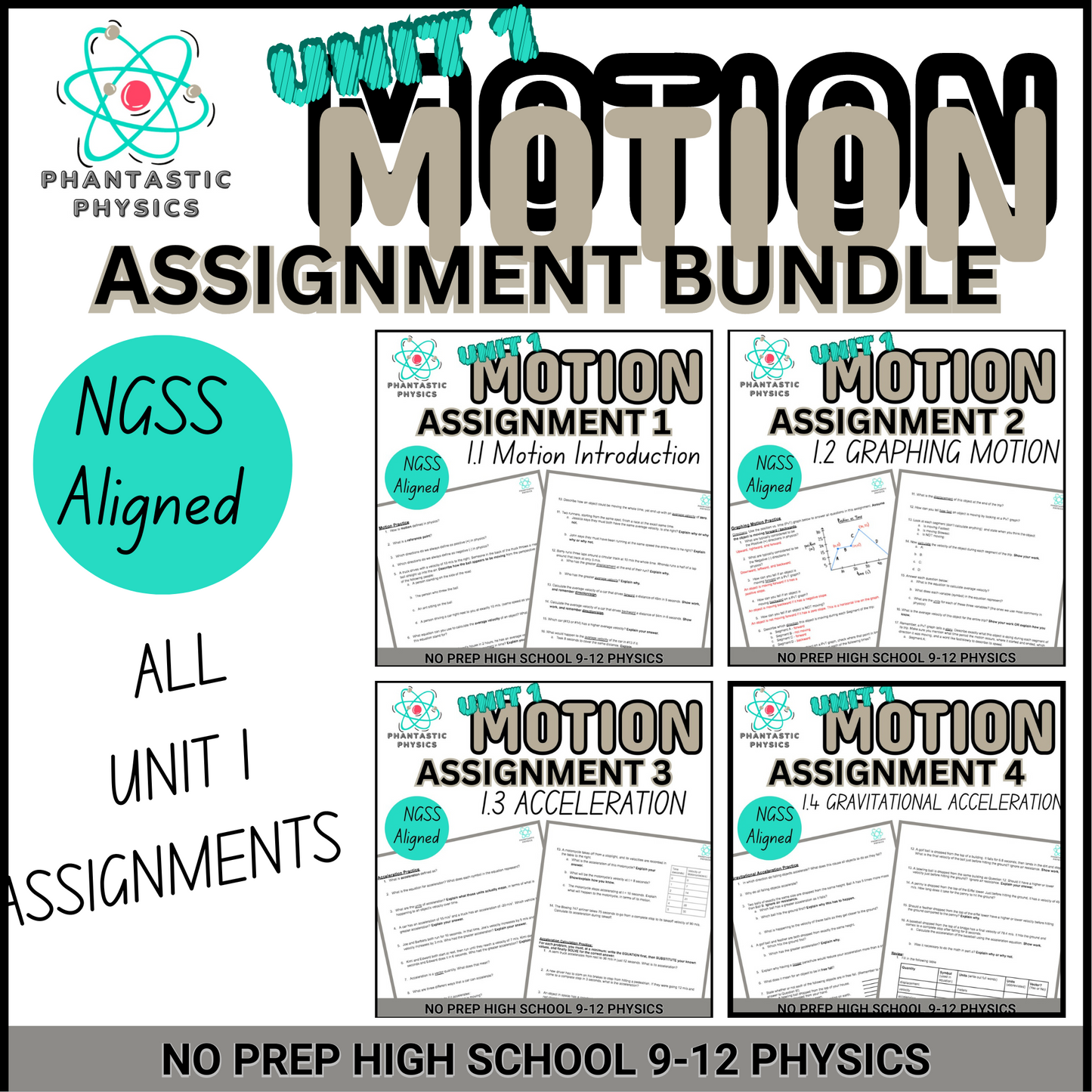 High School Physics: Complete Motion Unit Assignments Bundle-Grades 9-12, NGSS