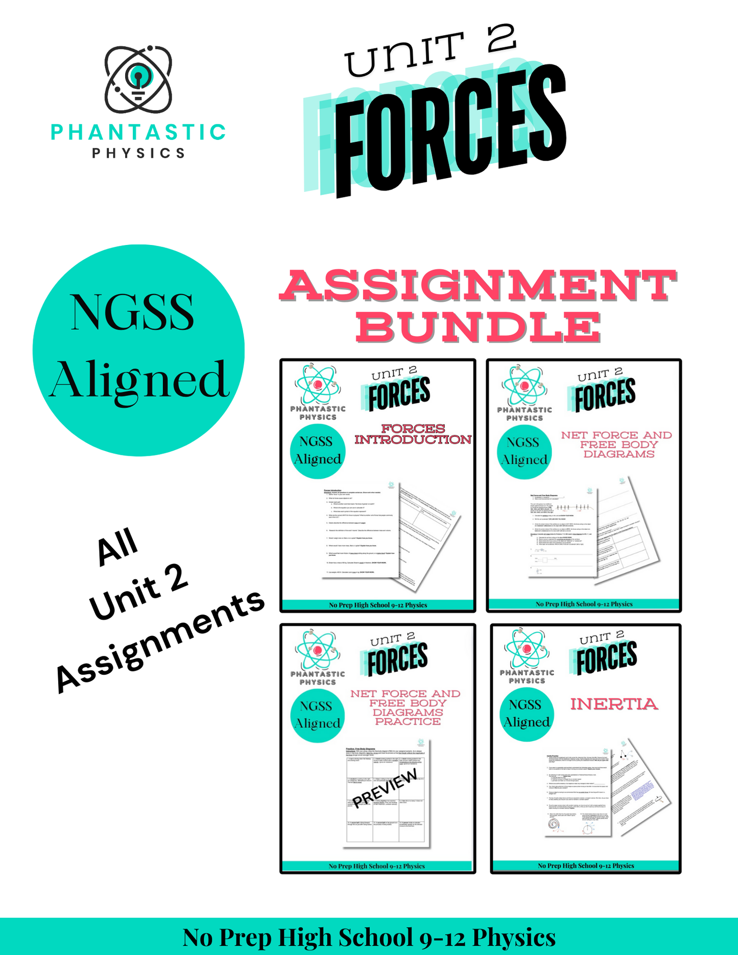 High School Physics Forces: Complete Assignment Bundle NGSS Aligned, Grades 9-12