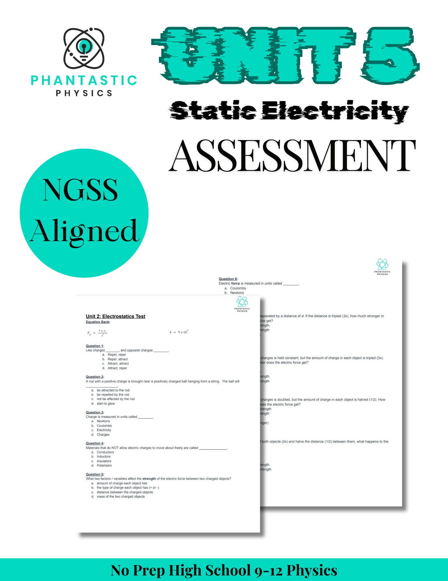 High School Physics: Electrostatics Unit Test - Grades 9-12, NGSS Aligned