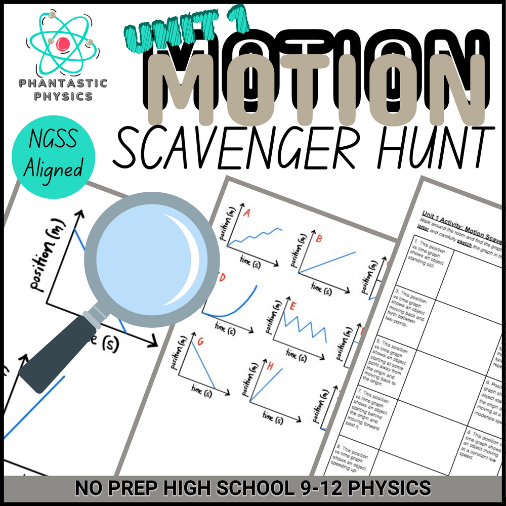 High School Physics:Position vs Time Graphing Scavenger Hunt Activity-Grades9-12