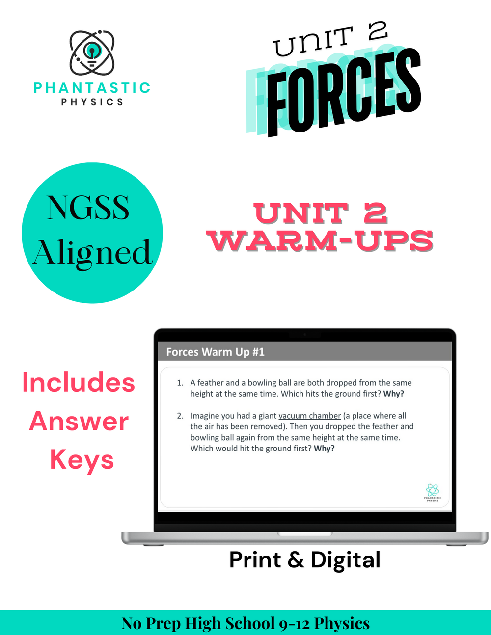 High School Physics: 16 Warmups for Forces Unit (Grades 9-12, NGSS Aligned)