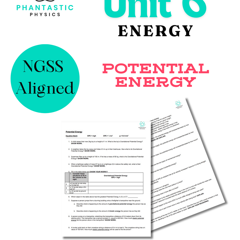 High School Physics: Potential Energy Assignment - Grades 9-12, NGSS Aligned