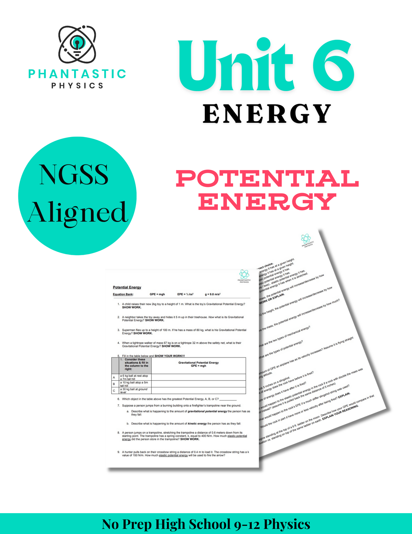 High School Physics: Potential Energy Assignment - Grades 9-12, NGSS Aligned