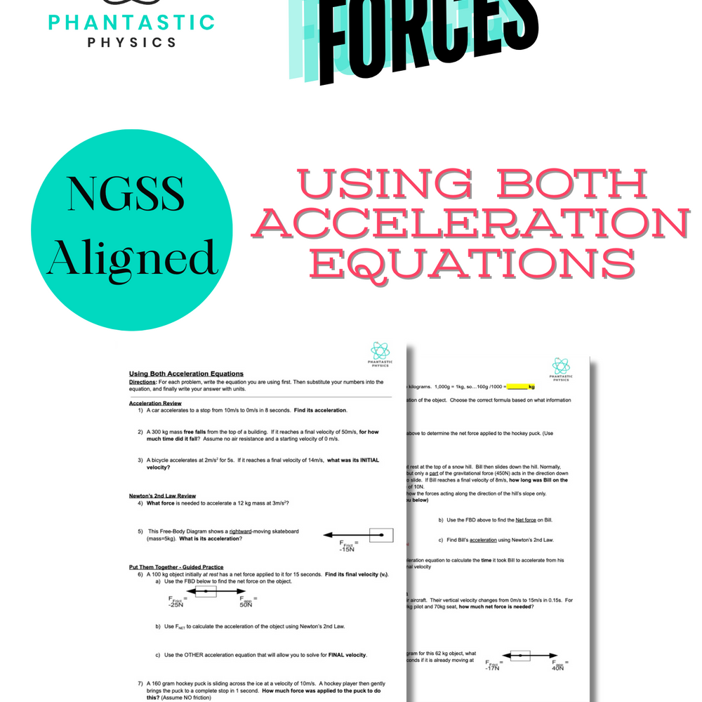 High School Physics: Acceleration Equations Assignment-Grades 9-12, NGSS-Aligned