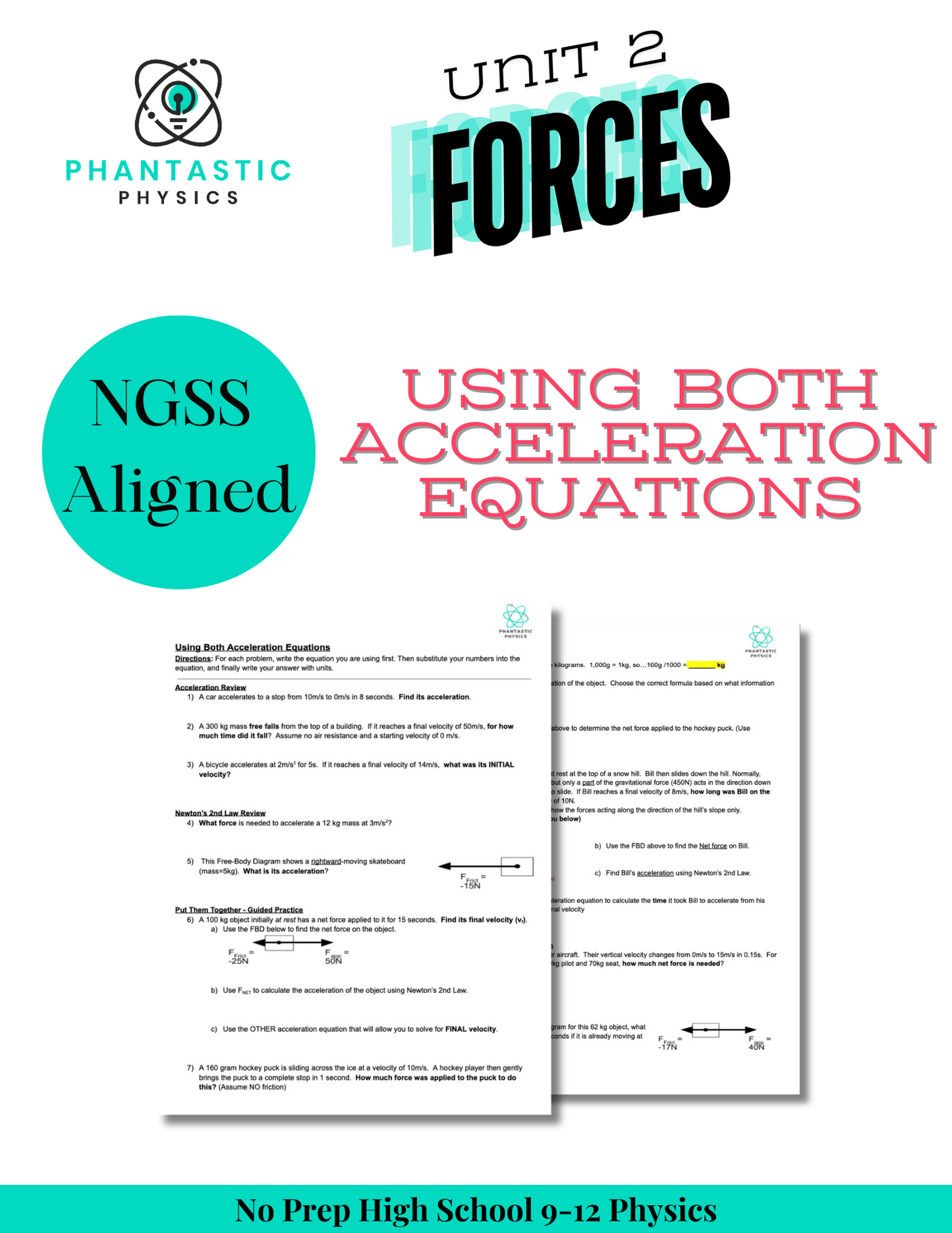 High School Physics: Acceleration Equations Assignment-Grades 9-12, NGSS-Aligned