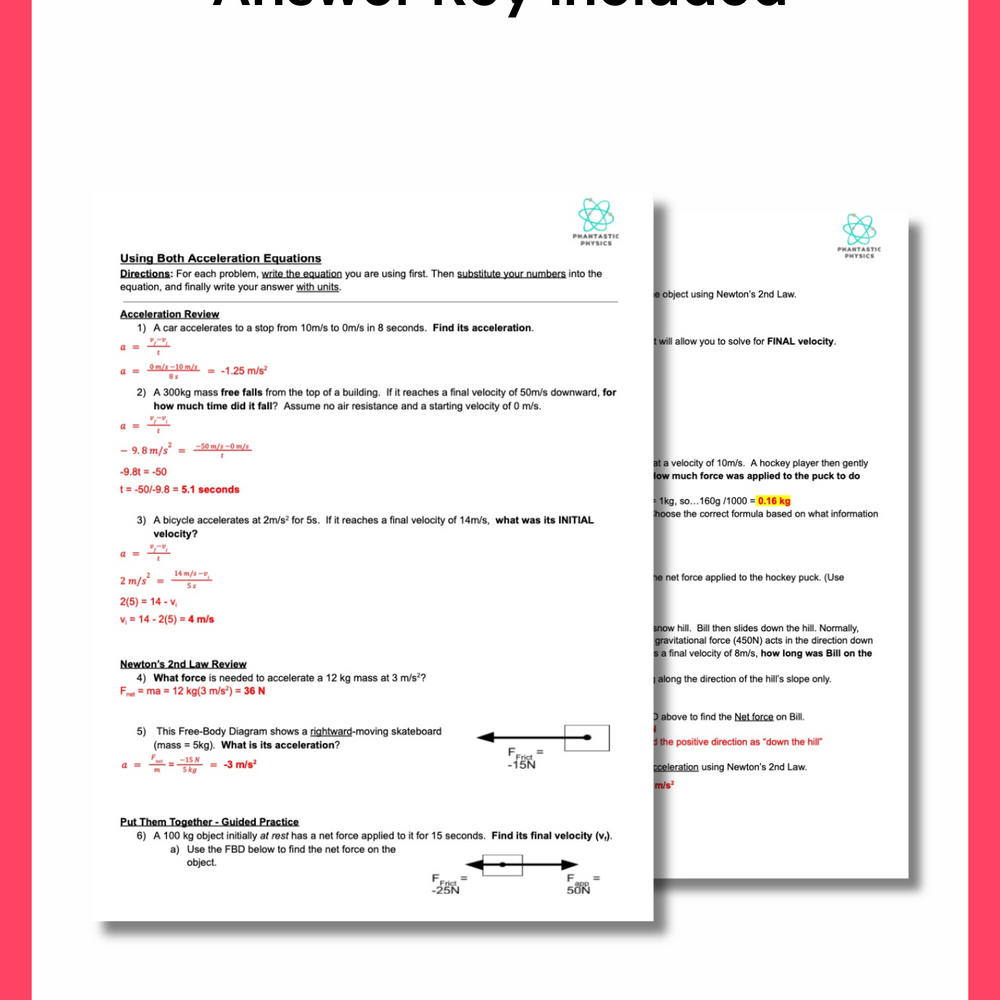 High School Physics: Acceleration Equations Assignment-Grades 9-12, NGSS-Aligned