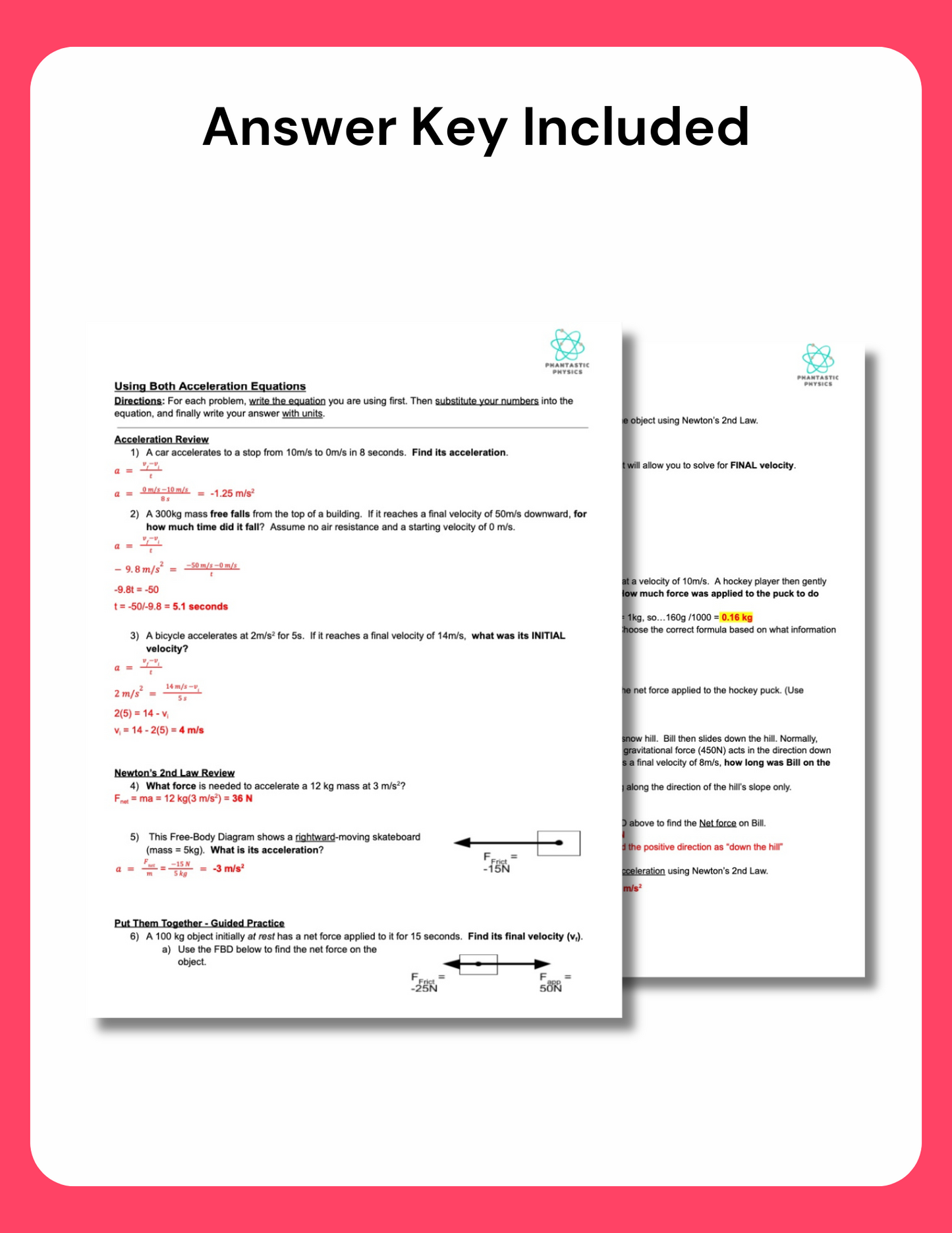 High School Physics: Acceleration Equations Assignment-Grades 9-12, NGSS-Aligned