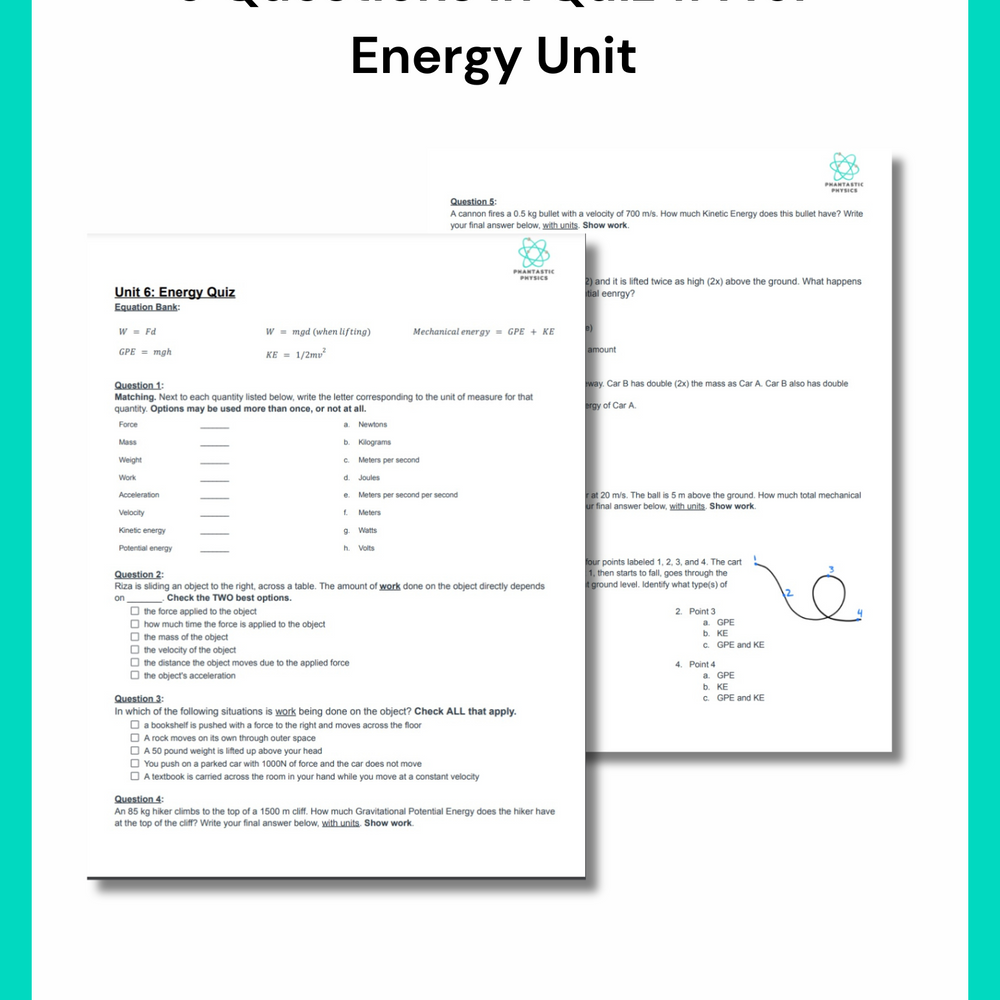 High School Physics: Energy Quiz #1 - Grades 9-12, NGSS Aligned