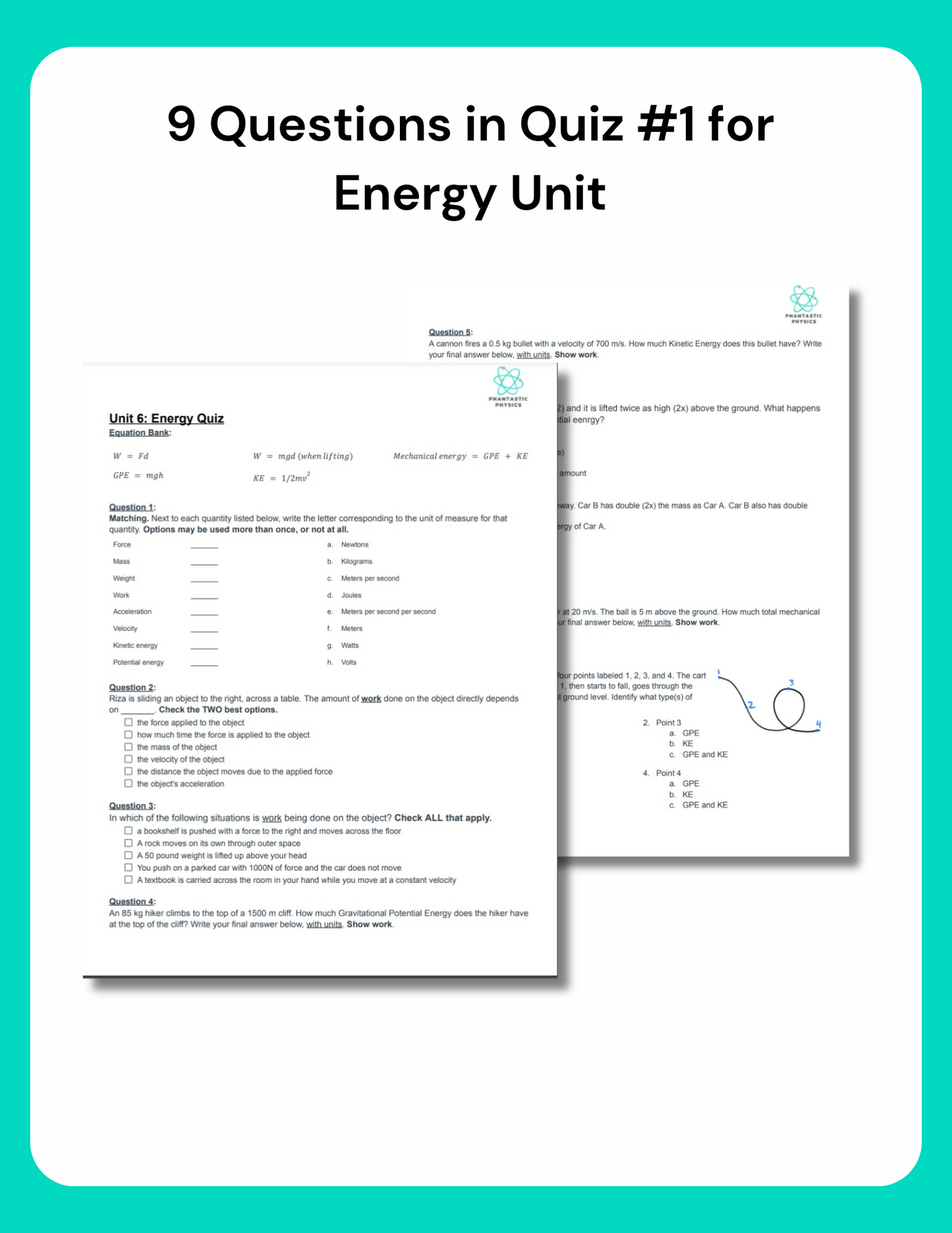 High School Physics: Energy Quiz #1 - Grades 9-12, NGSS Aligned