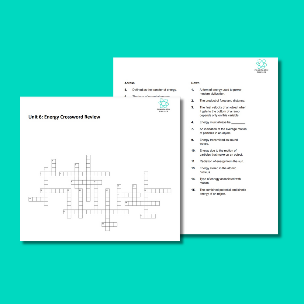 High School Physics: Energy Crossword Puzzle Review - Grades 9-12, NGSS Aligned