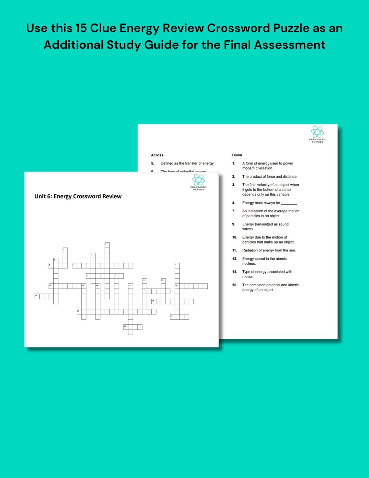 High School Physics: Energy Crossword Puzzle Review - Grades 9-12, NGSS Aligned