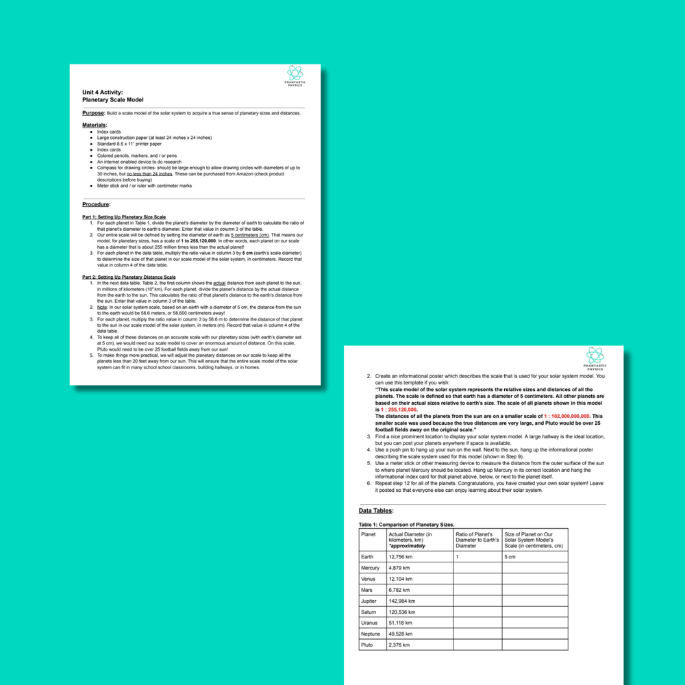 High School Physics: Planetary Scale Model Activity for Gravity Unit-Grades 9-12