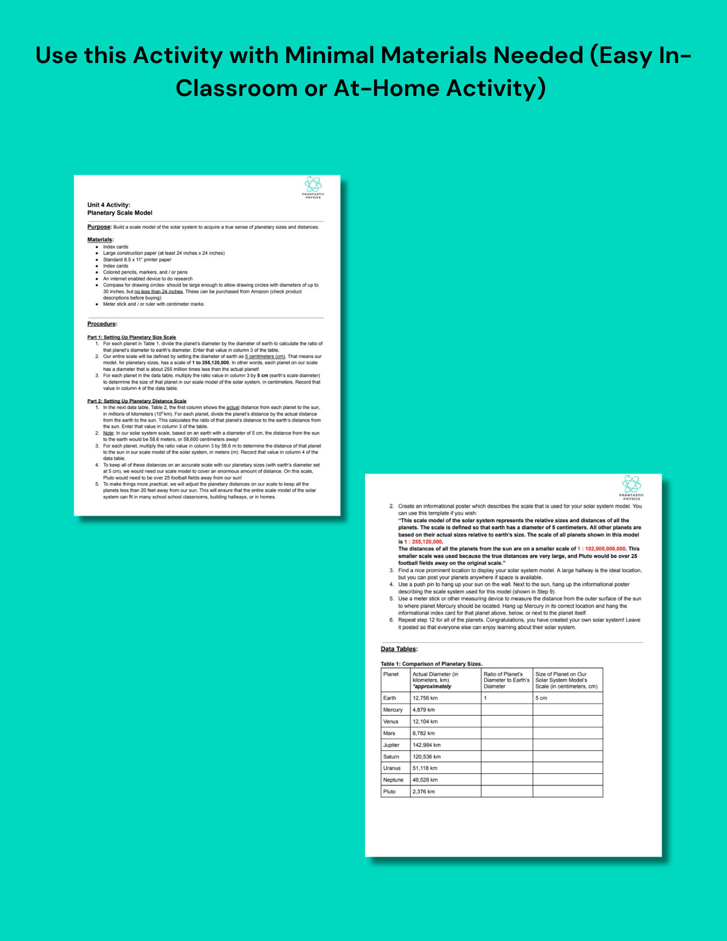 High School Physics: Planetary Scale Model Activity for Gravity Unit-Grades 9-12