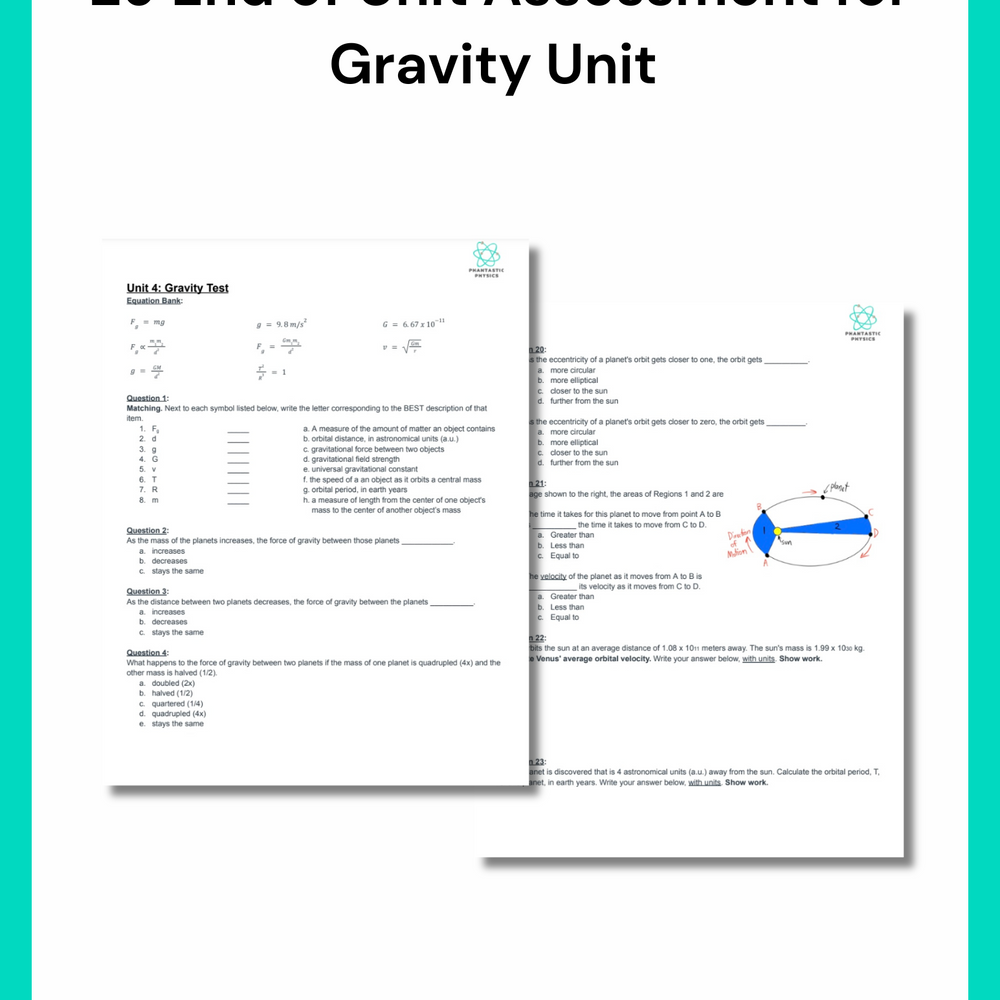 High School Physics: Gravity Unit Test - Grades 9-12, NGSS Aligned