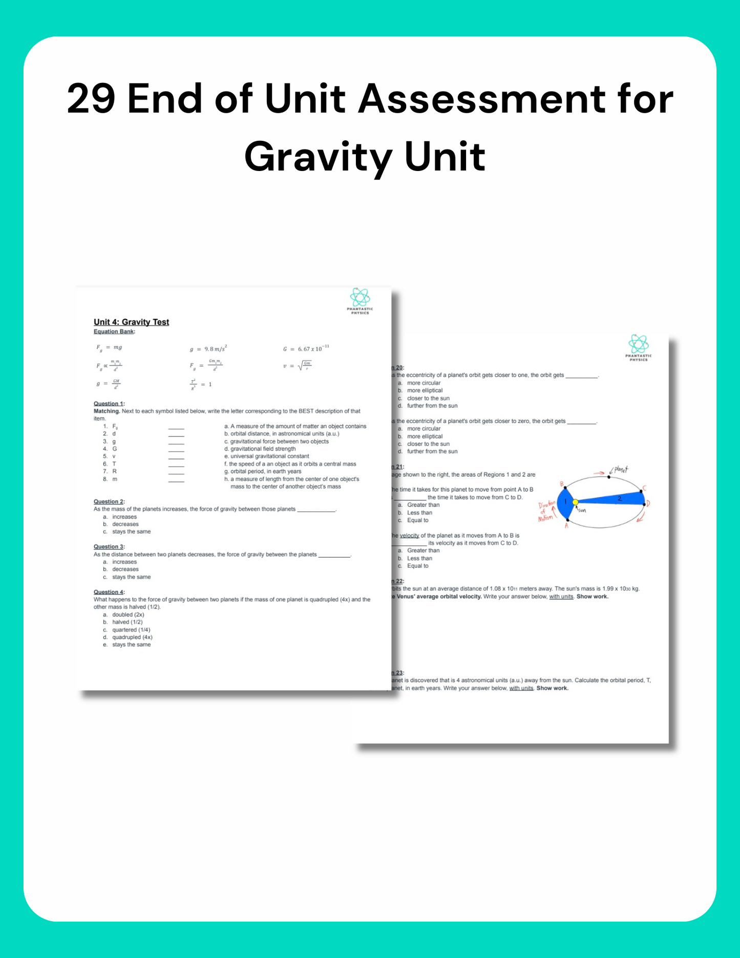 High School Physics: Gravity Unit Test - Grades 9-12, NGSS Aligned